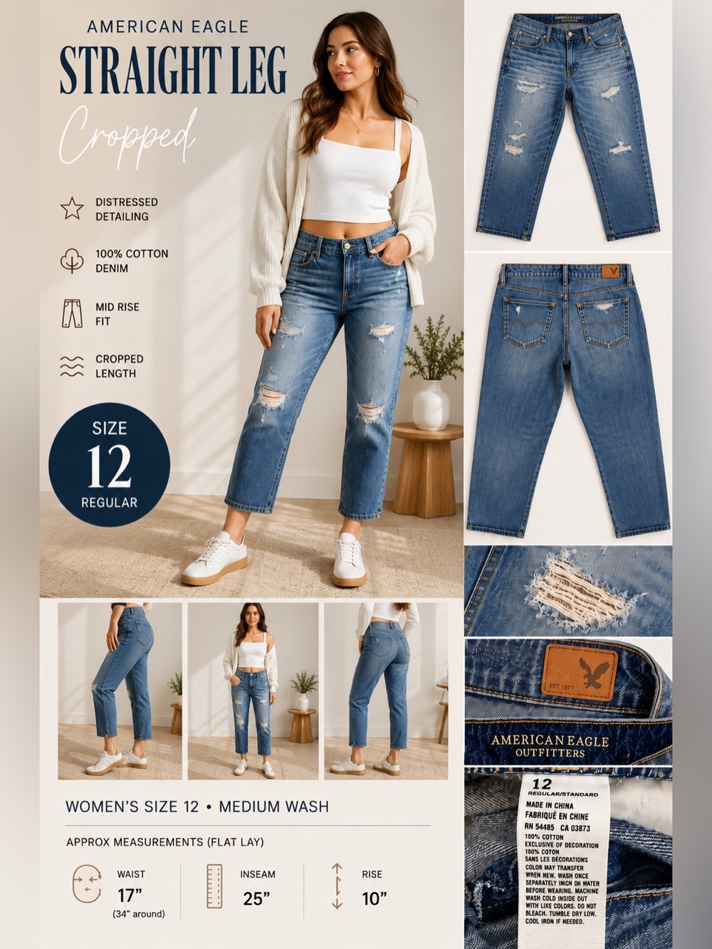 American Eagle Distressed Cropped Straight Jeans Women’s 12 Blue Denim